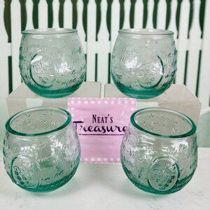 WINE VINO Embossed Grapes Word Green Tint Stemless Large 16oz Wine Glasses Set 4